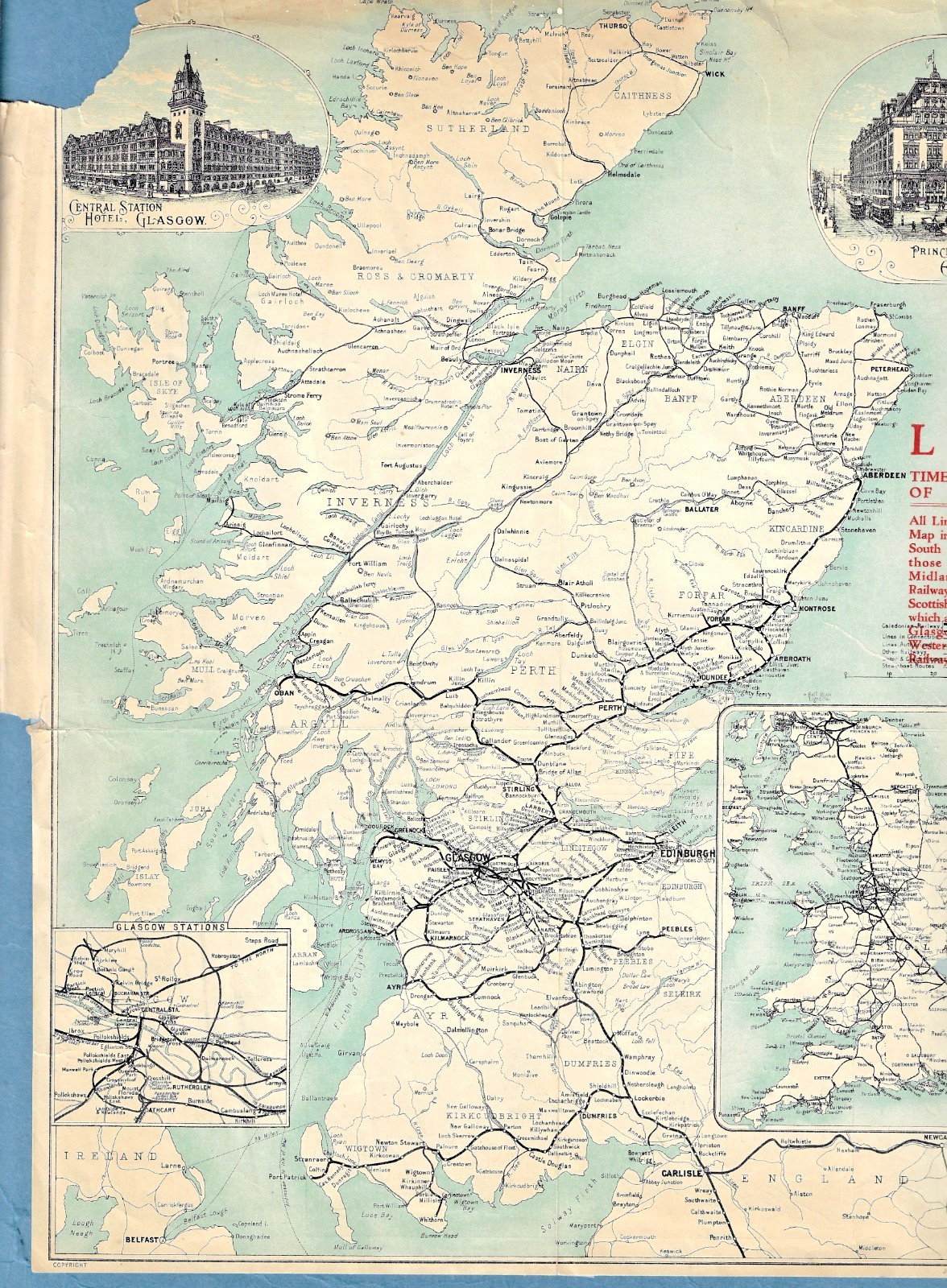 c1910 London Midland and Scottish Railway Time Table Map of Scotland ~ LMS Map