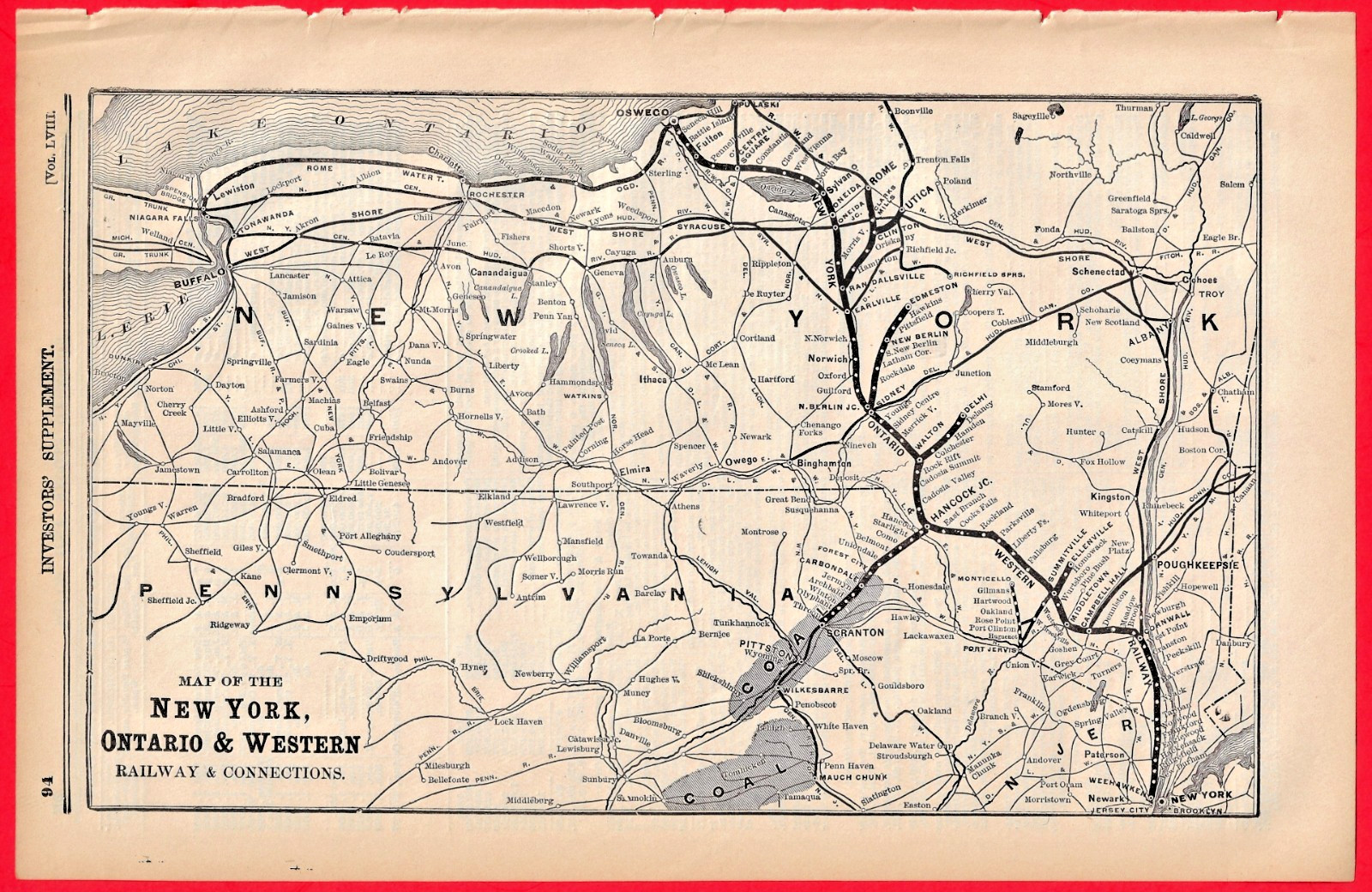 1894 NYO&W RAILWAY MAP – NEW YORK, ONTARIO & WESTERN RAILWAY and CONNECTIONS