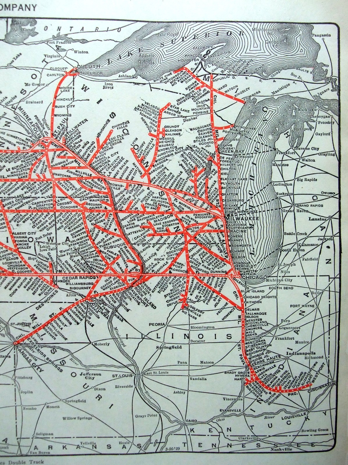 Chicago Milwaukee & St Paul Railroad – Original 1929 System Map. Antique