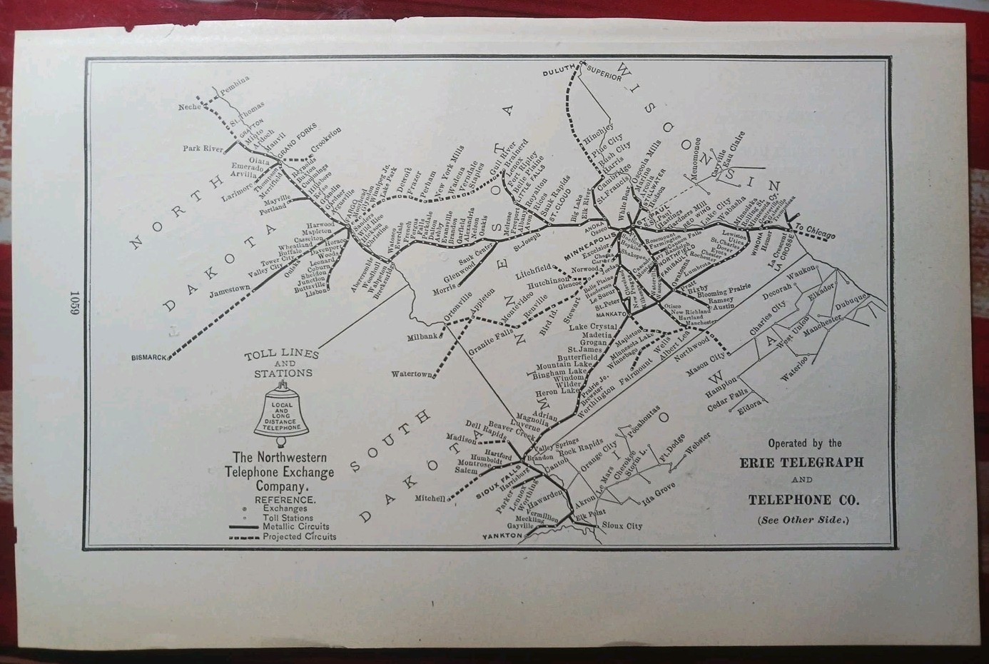 1897 The Northwestern Telephone Exchange Co. Map North & South Dakota Minnesota