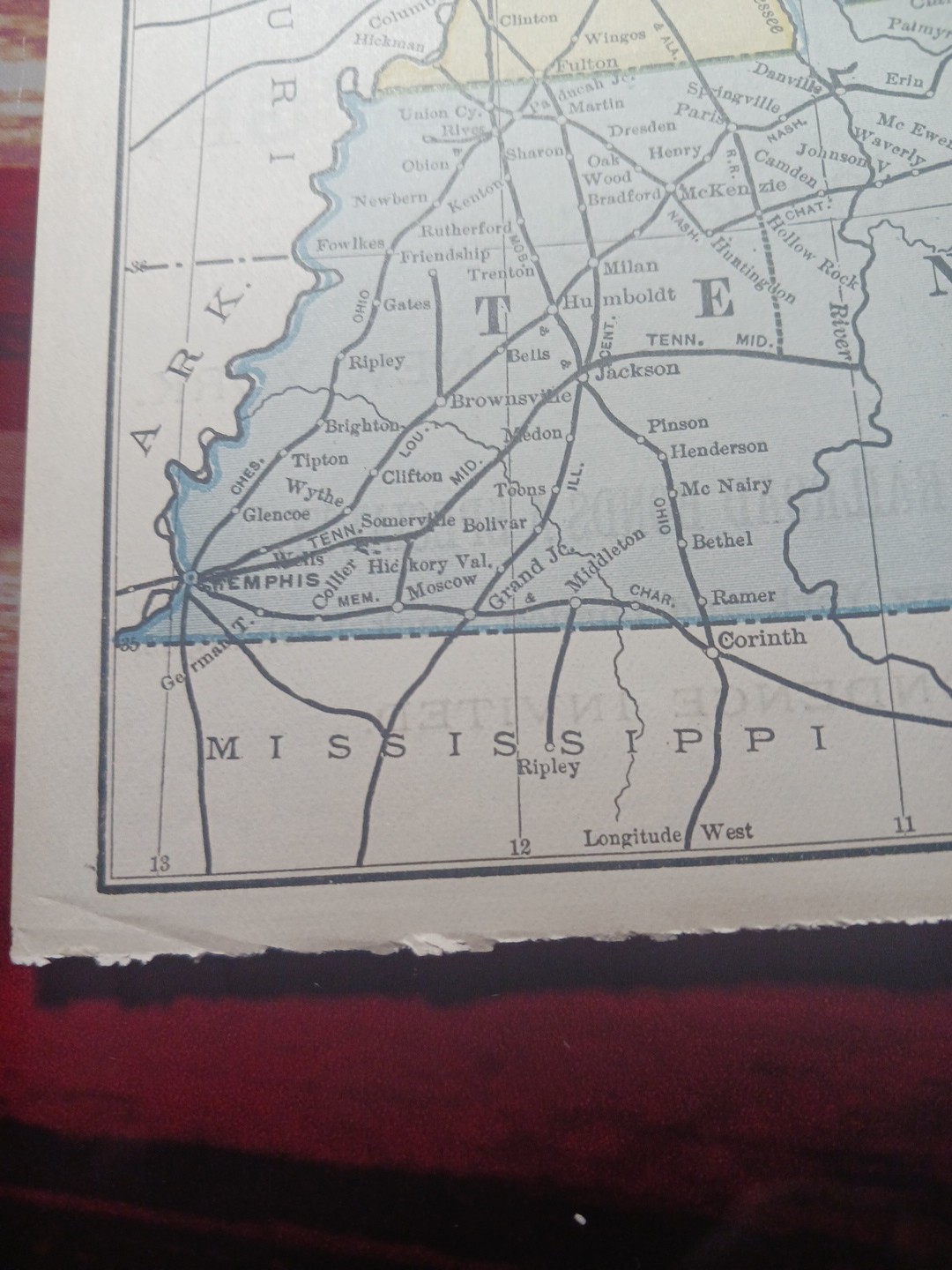 1892 Antique RAILROAD MAP Kentucky & Tennessee all Train Route Lines Mark 9×11″