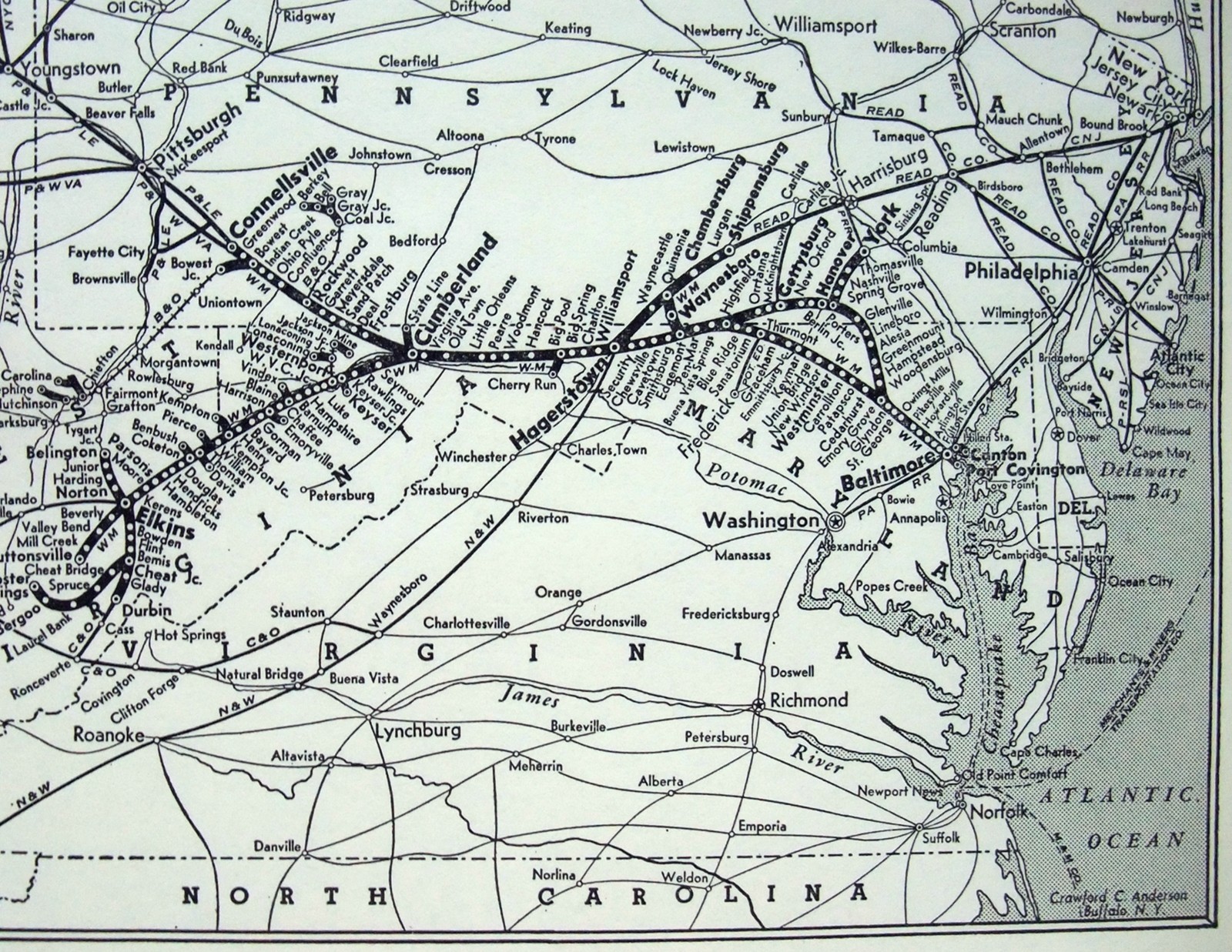 Western Maryland Railroad – Original 1941 System Map. Vintage Raiway