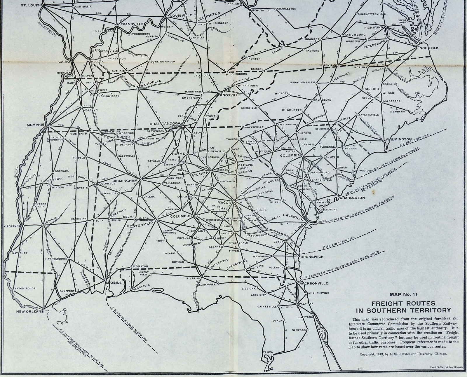 1913 Railroad Map – Freight Routes US South Georgia Alabama Carolina Virginia TN