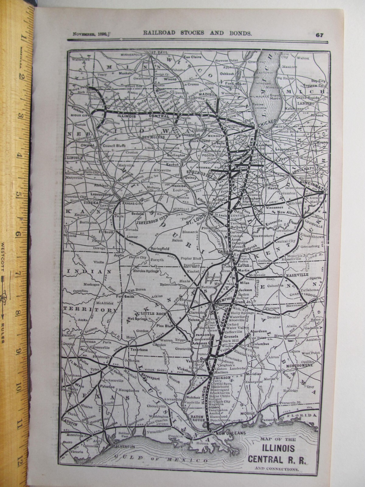 1890 NOV ILLINOIS CENTRAL RAILROAD ORIGINAL SYSTEM MAP LA AL TN KY RRs