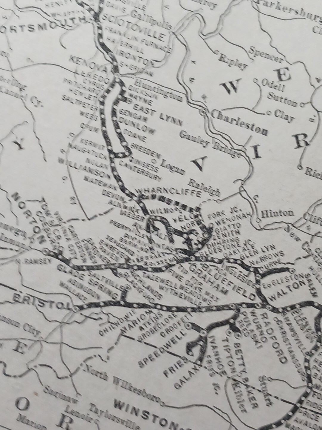 1910 Train Route Map NORFOLK & WESTERN RAILWAY and Connections All Depot Station