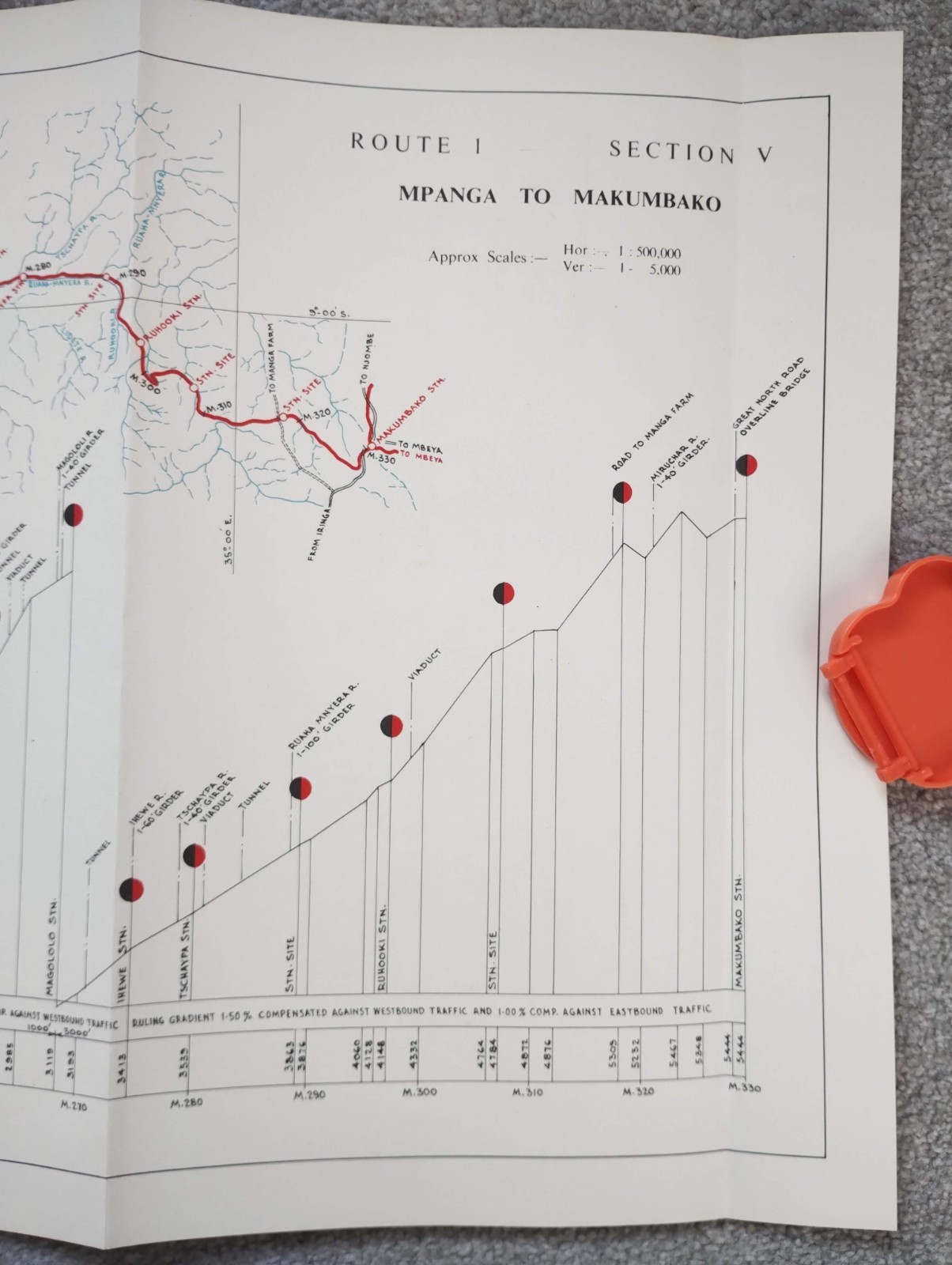 1952 Original East African Railways Map of Route: Mpanga to Makumbako (Tanzania)