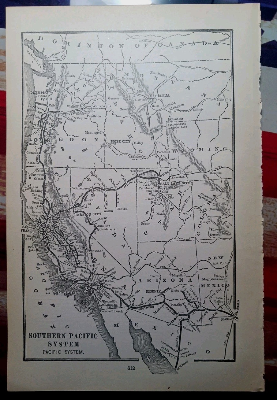 ~1906 Train Route Map SOUTHERN PACIFIC SYSTEM railway California Arizona Utah
