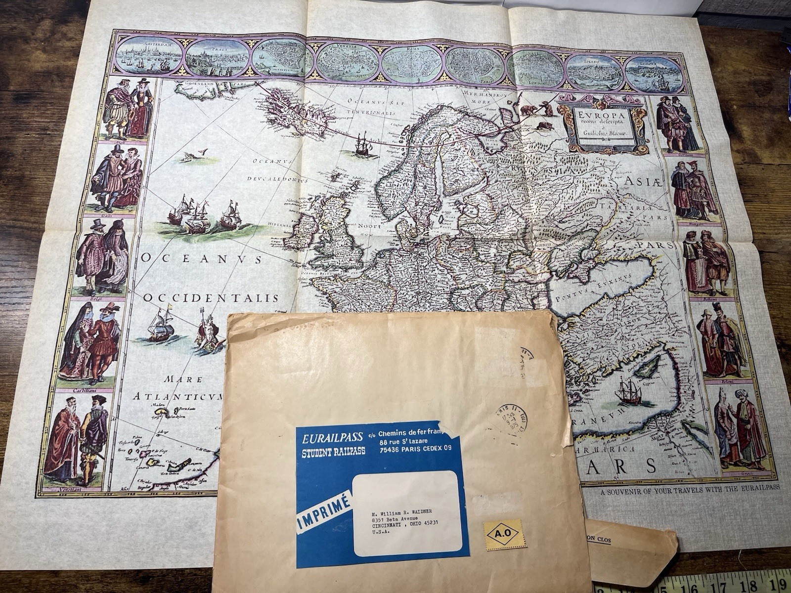 1975 Eurailpass Europe Souvenir Map Fabric Print Blaeu Style with Envelope