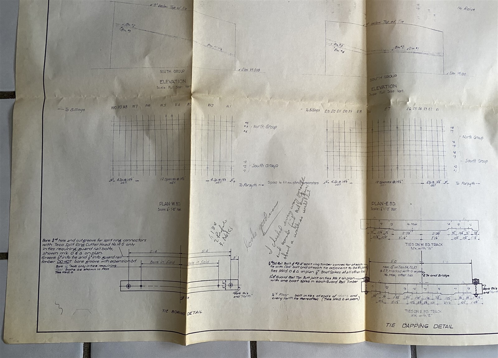 1954 Blueprint Drawing Northern Pacific Railroad Tie Paln Bridge Huntley Montana