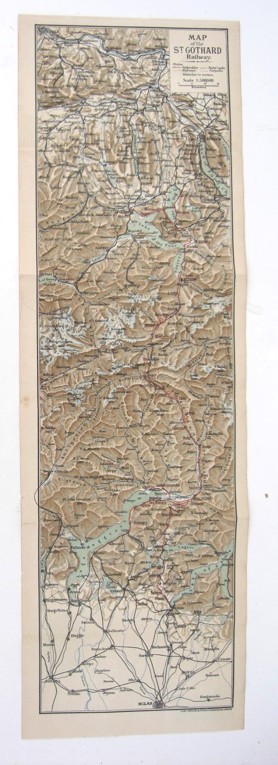 Original Antique Leaflet Map St Gothard Railway Switzerland To Italy c1890/ 1900