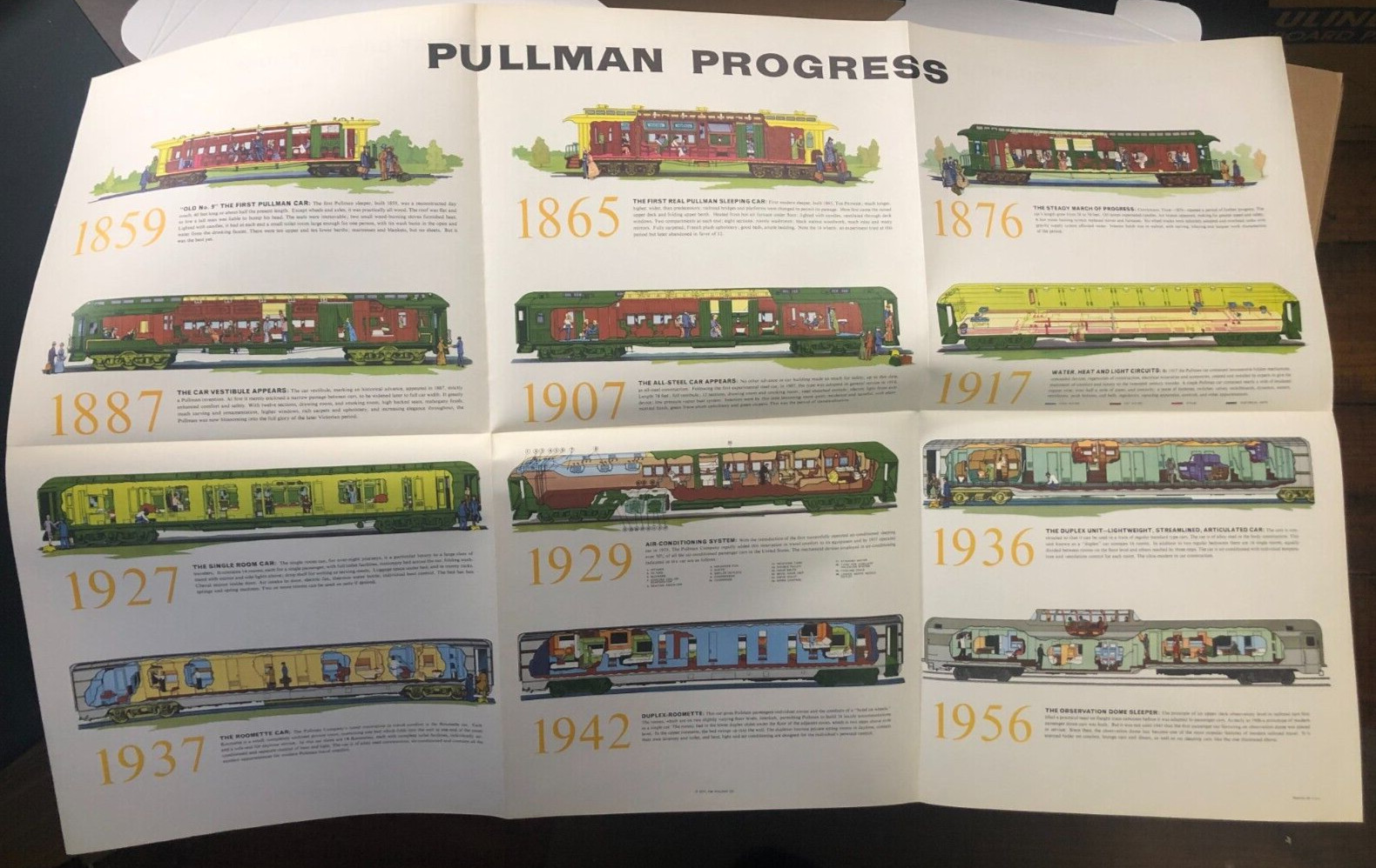 “Modern Travel By Pullman” Large Single Sheet Brochure w/ 12 Car Poster 1957 VGC