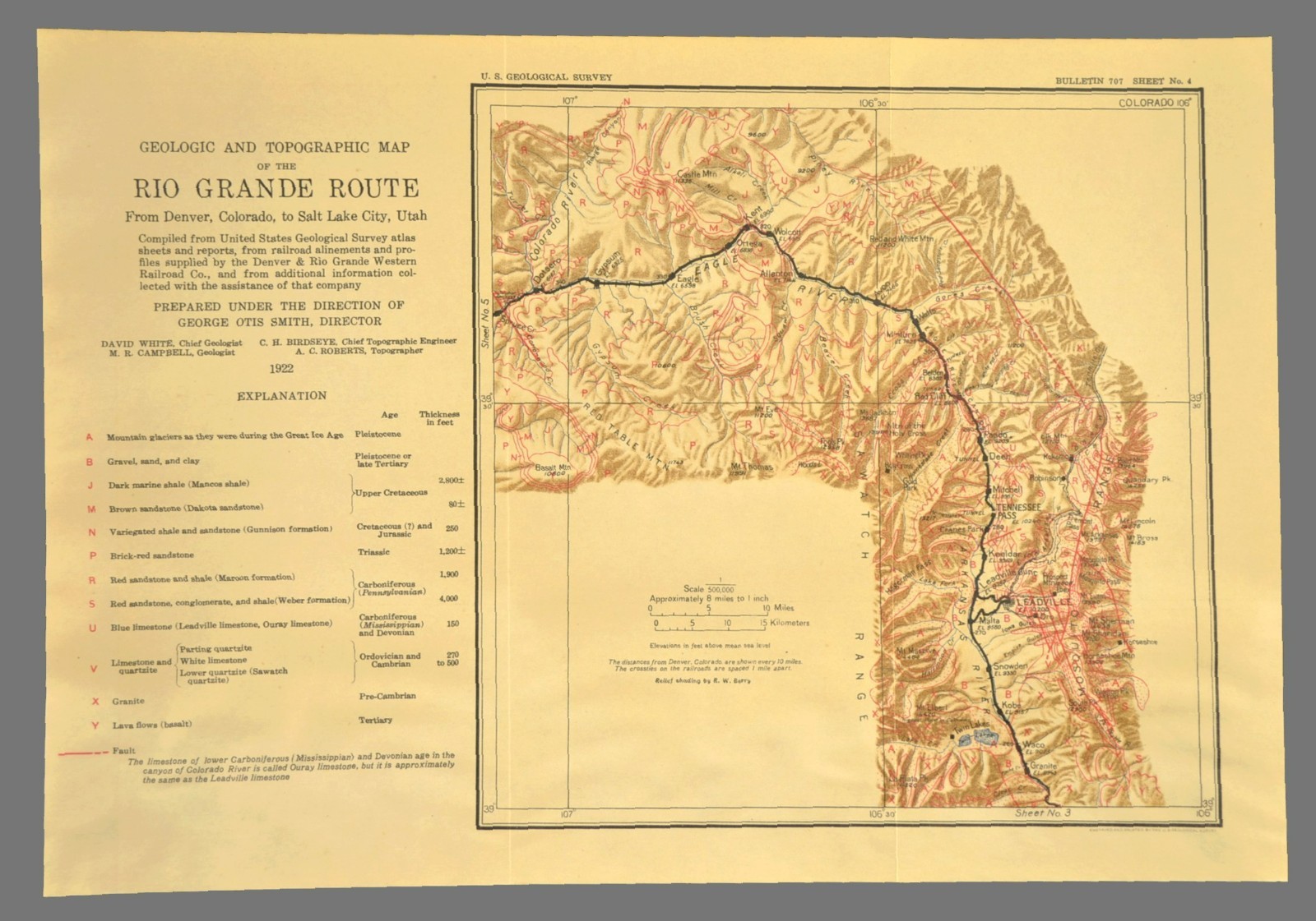 1922 Denver Rio Grande RR Map Gypsum Colorado Avon Leadville Tennessee Pass