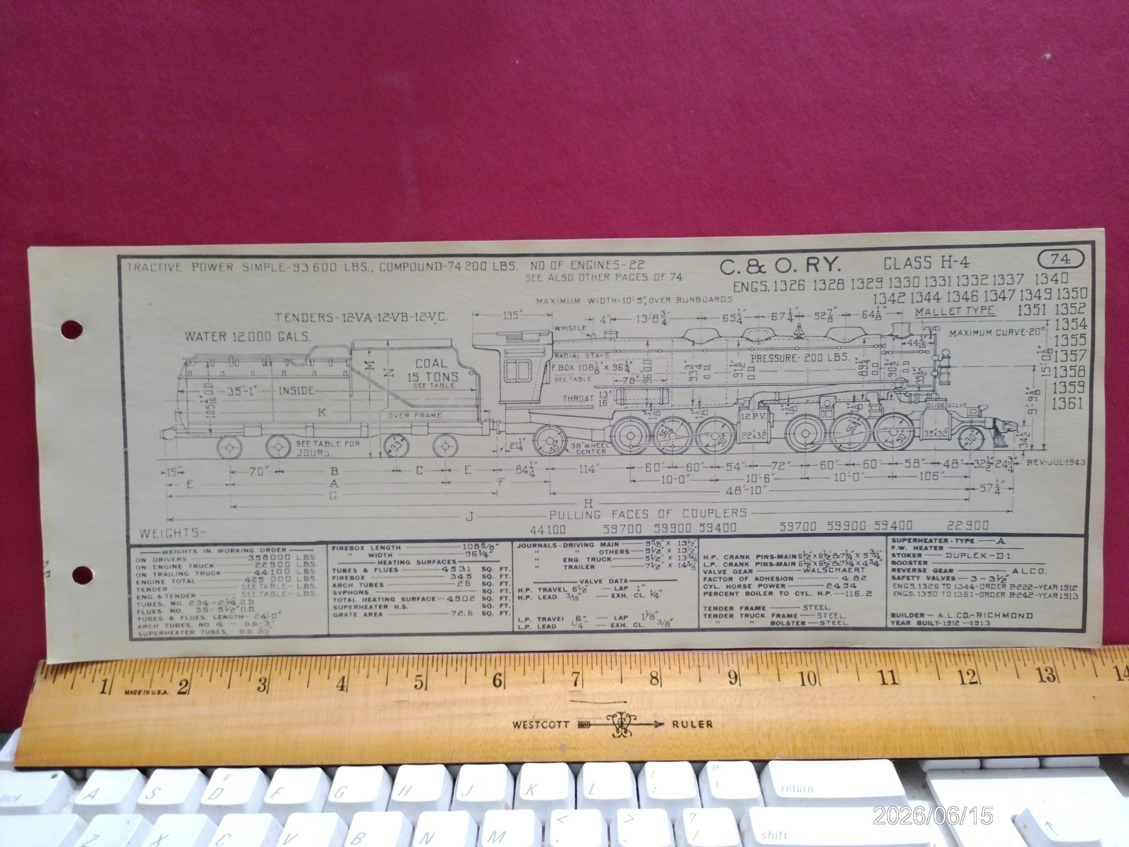 CHESAPEAKE & OHIO RAILROAD ORIG PRINTED DIAGRAM CLASS H-4 LOCOMOTIVE #1326-1361