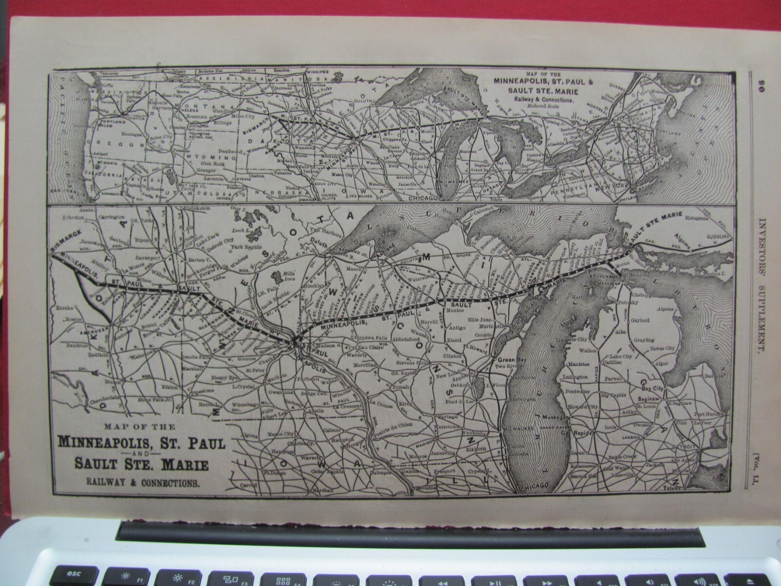 1890 NOV MILWAUKEE & NORTHERN RAILROAD & MSTP&SSM ORIGINAL SYSTEM MAP WI MI RRs