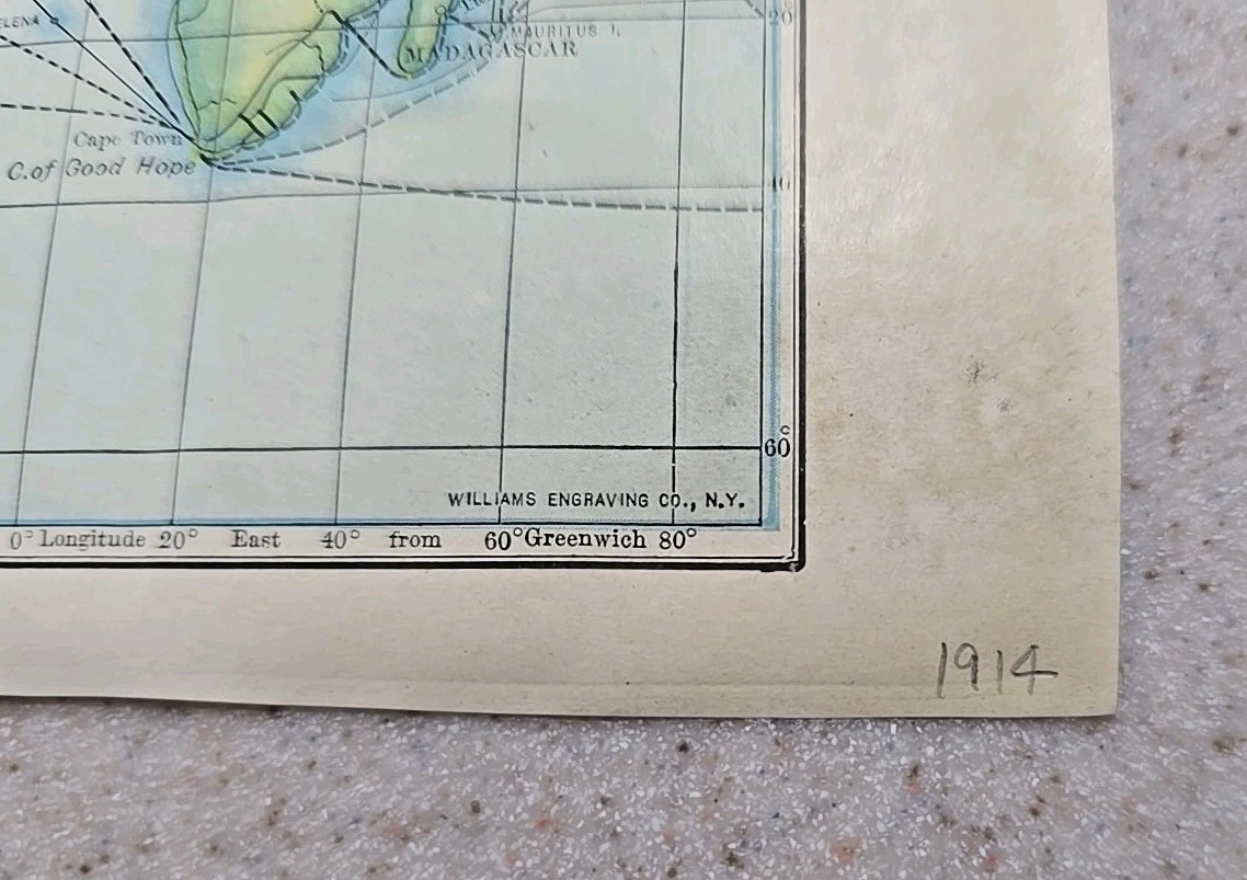 1914 Transportation Routes & Telegraph Lines World Map Color Book Plate