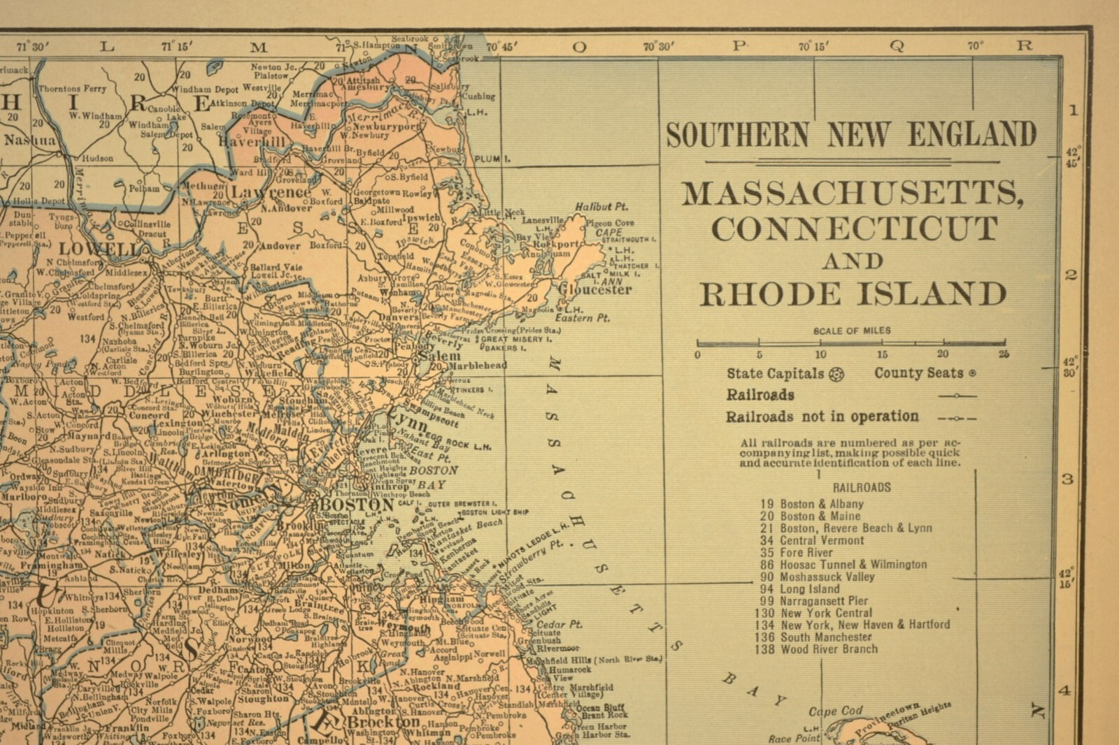 SOUTHERN NEW ENGLAND Map Railroad Massachusetts Old Original Antique