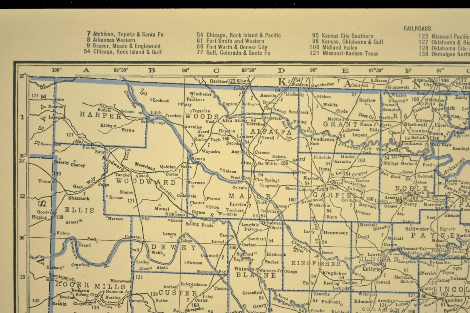 ca 1930 OKLAHOMA Railroad Map Depot Towns CRI&P RR Historic Original Atlas Map