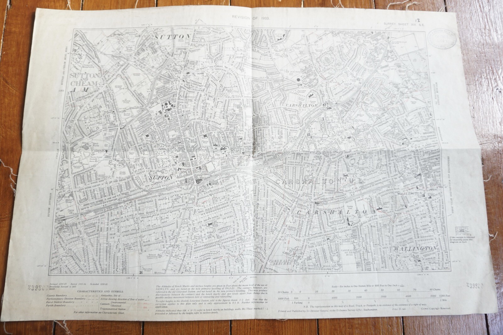 1933 Carshalton Wallington Sutton Surrey Southern Railway OS Railway Linen Map