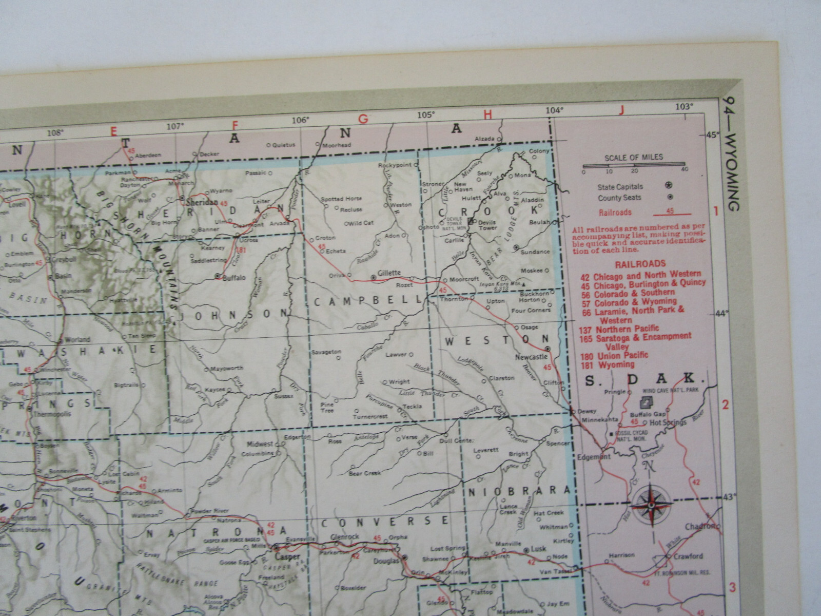 WI WY Vtg 1950 WISCONSIN RAILROAD Map LAONA & NORTHERN RR or WYOMING Map. CB&Q