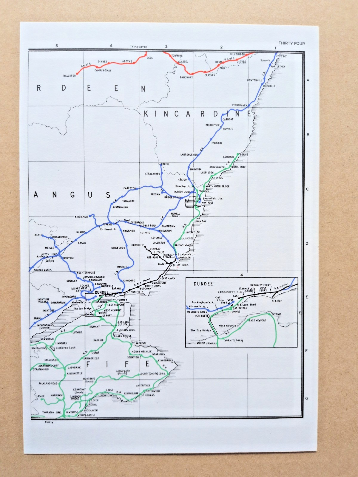Vintage 1972 map showing Pre Grouping Rail Lines of Kincardine, Dundee & Fife