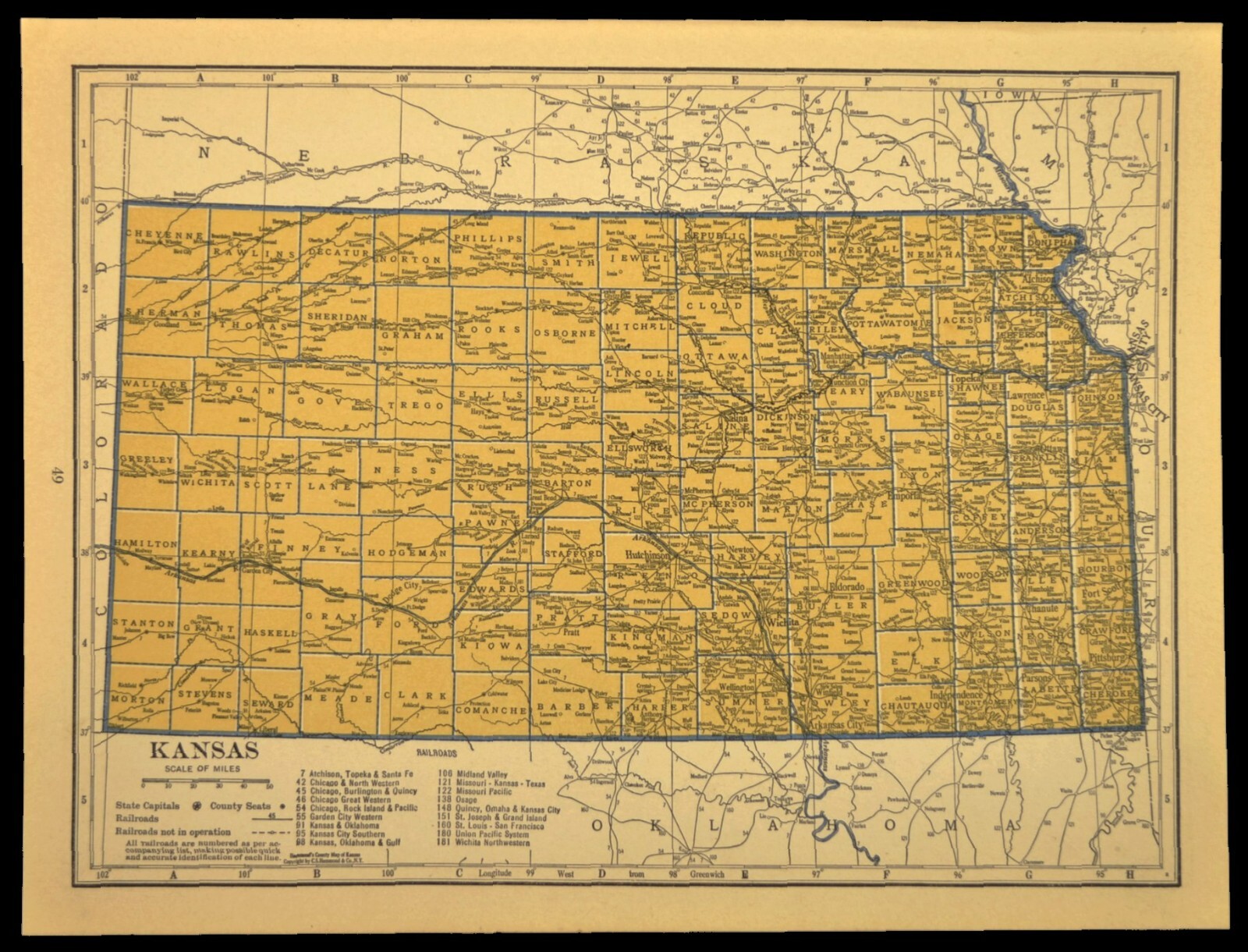 ca1939 KANSAS Railroad Map Depot Towns UP RR Historic Original Atlas Map