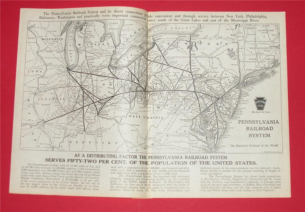 LG 1919 PENNSYLVANIA RAILROAD SYSTEM MAP PRR RR STATION DEPOT CONNECTION HISTORY