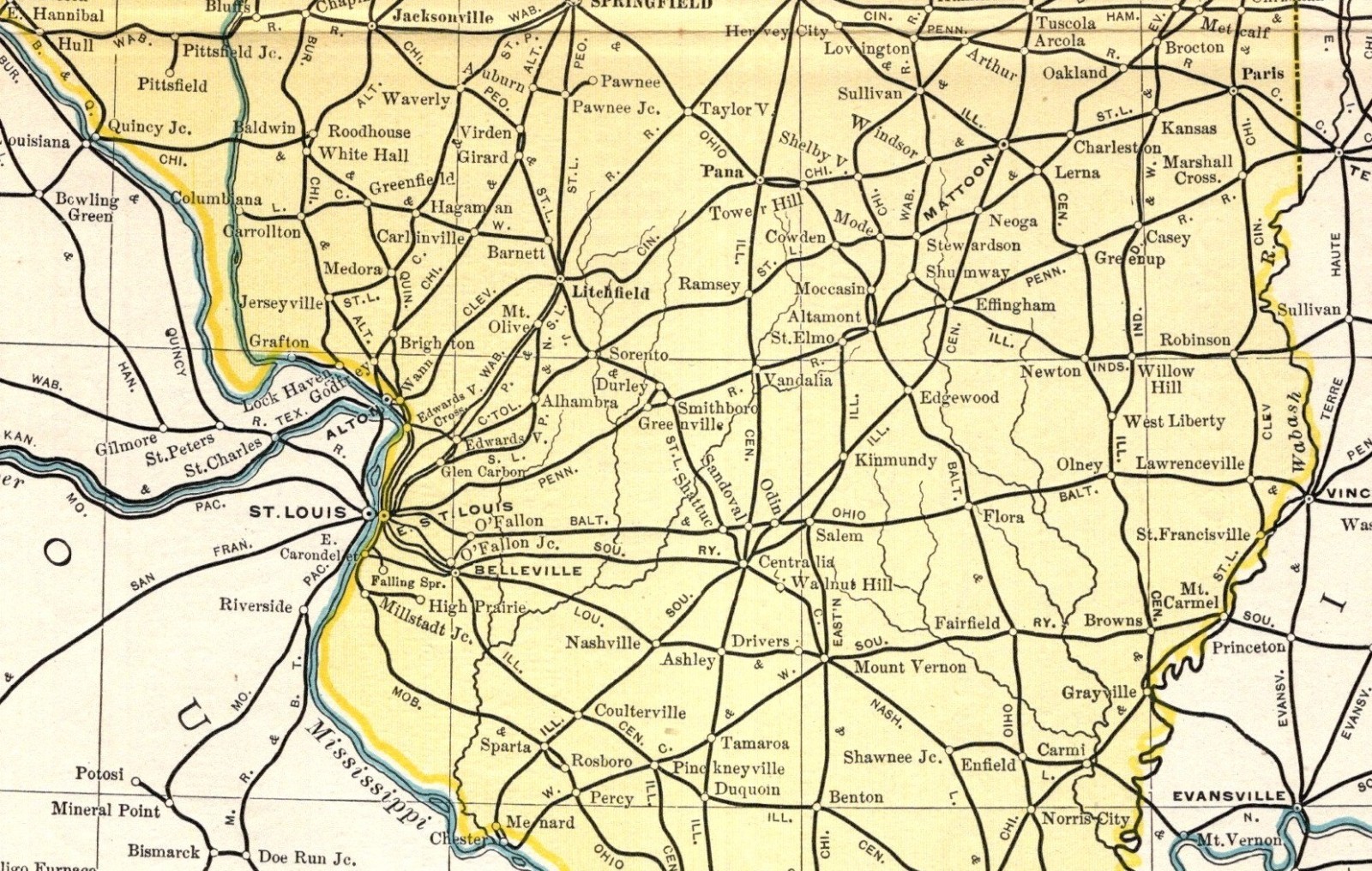 1901 Antique Illinois Railroad Map Pennsylvania L & N Illinois Central 2688