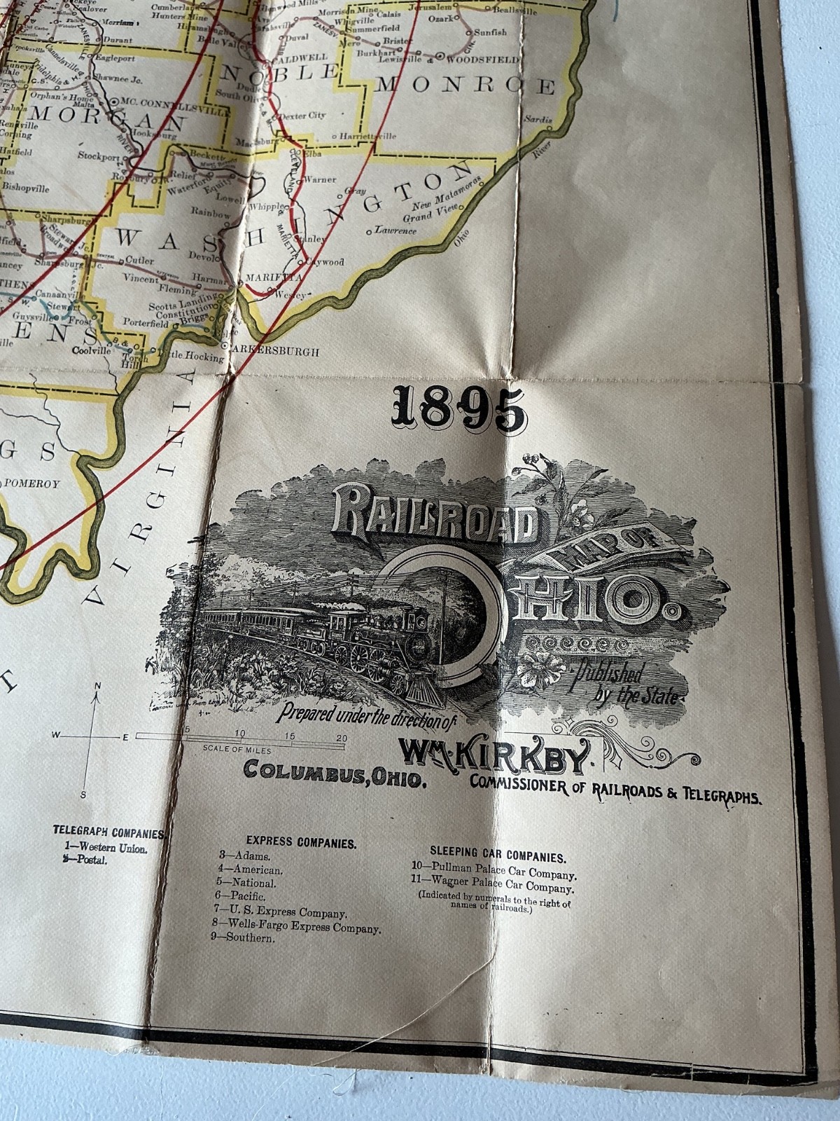 1895 Ohio Railroad Train Railway Original Folding Map Wm Kirby State 19th Centur