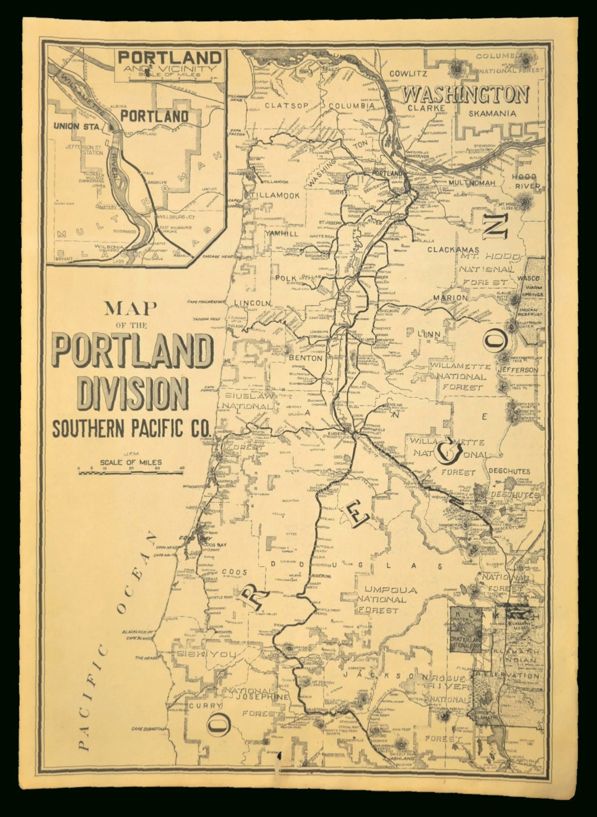 Southern Pacific Railroad Map Portland Division Red Electric Lines Shasta Route