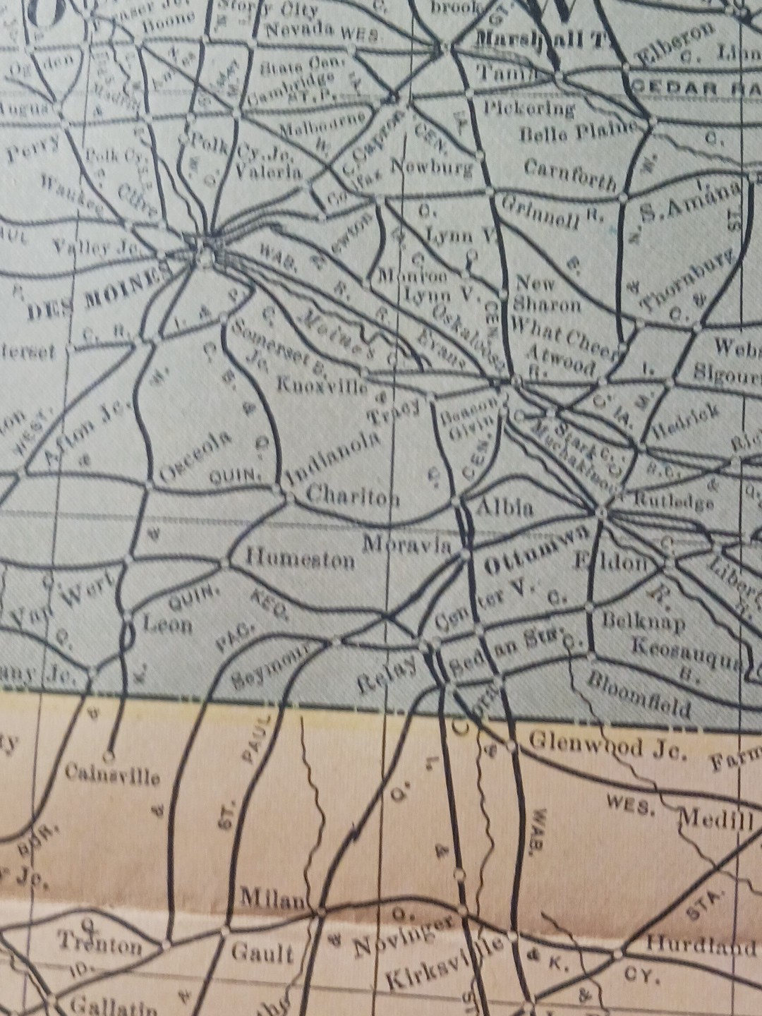 1905 Train Route Map IOWA & MISSOURI all Railroad Lines marked 11″x9″ Stations