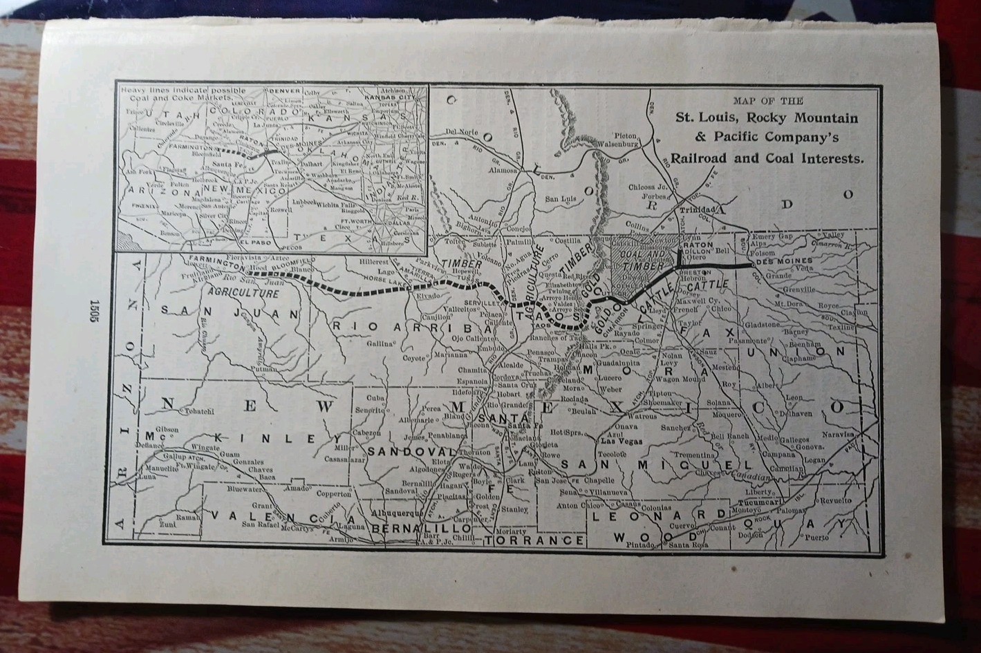 1905 Map ST LOUIS ROCKY MOUNTAIN & PACIFIC RAILROAD Coal Timber Gold New Mexico