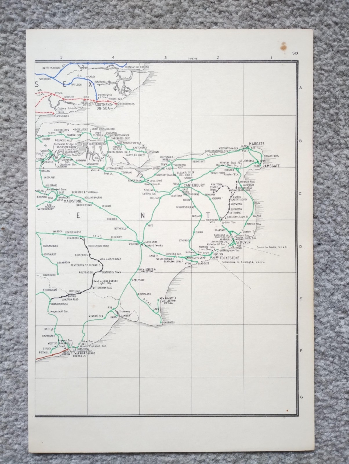 Vintage 1976 map showing Pre Grouping Rail Lines of Kent