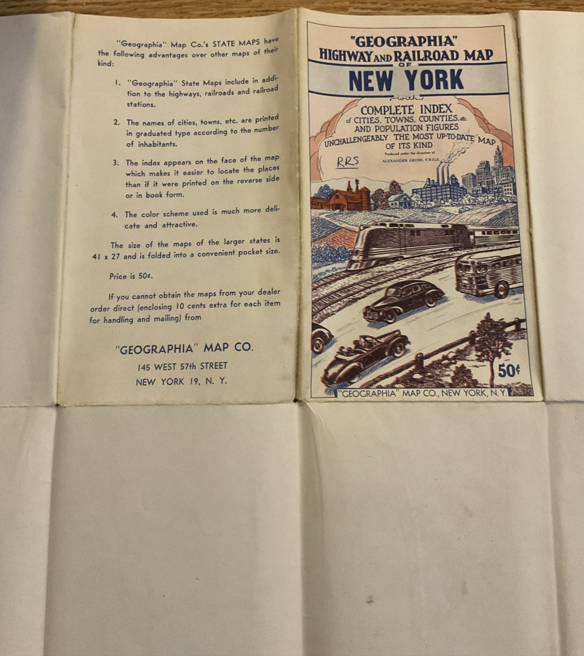 Vintage 1950s Geographia Highway & Railroad Map New York NY Alexander Gross
