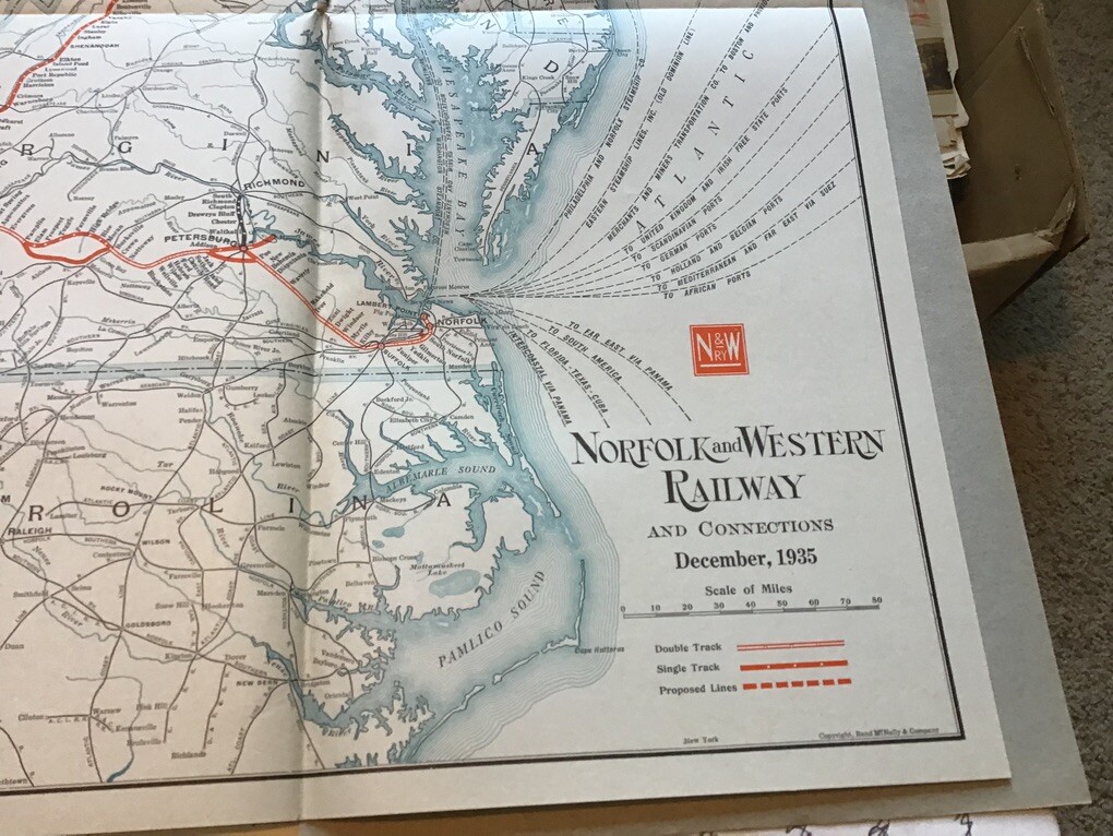 vintage railroad map: 22×32″ NORFOLK & WESTERN Railway 1935