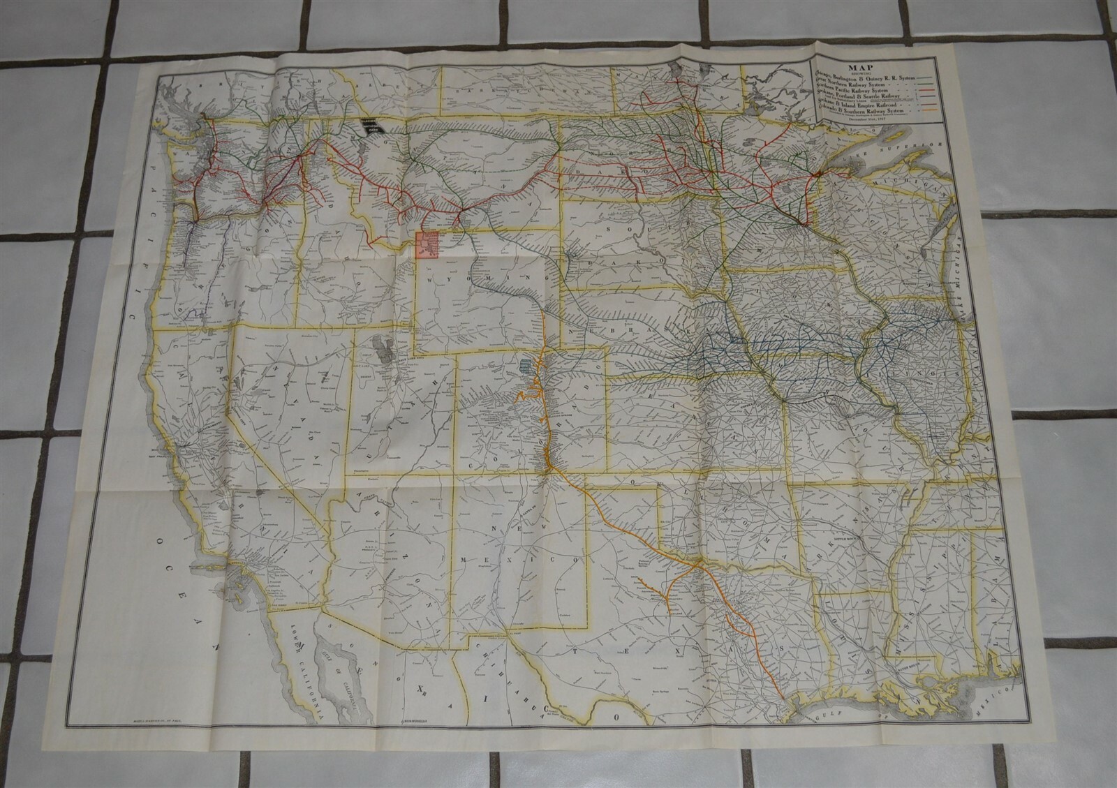 1917 CB&Q Great Northern Northern Pacific Colorado Southern System map 33″ x 20″