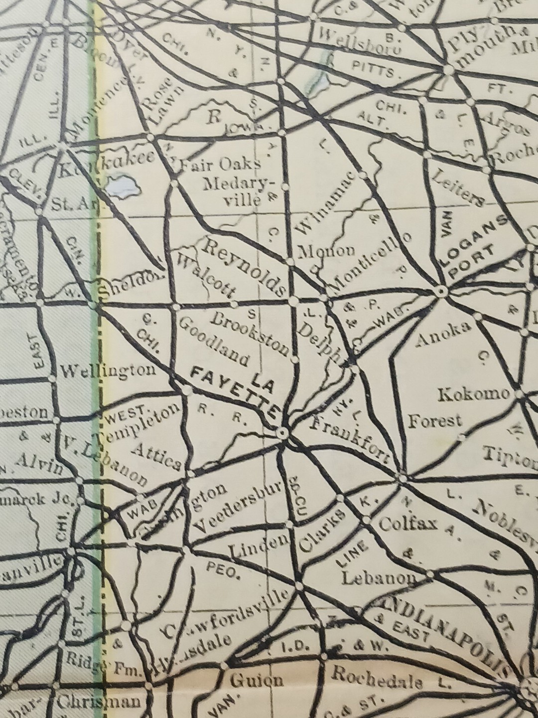 1891 Antique Railroad Map ILLINOIS & INDIANA all Train Route lines Depots 11×9″