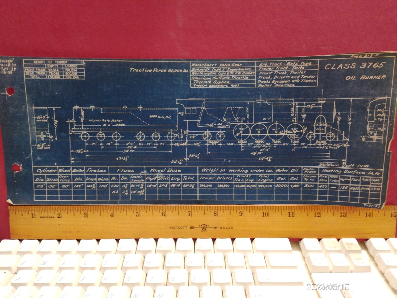 AT&SF RAILROAD ORIG BLUEPRINT DATA DIAGRAM w 2 PHOTOS #3764 4-8-4 LOCOMOTIVE