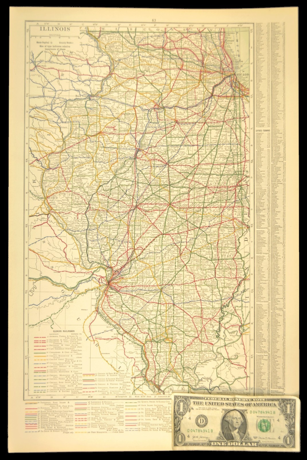 1914 Antique Map of ILLINOIS Railroads Map ORIGINAL Atlas Map DATED