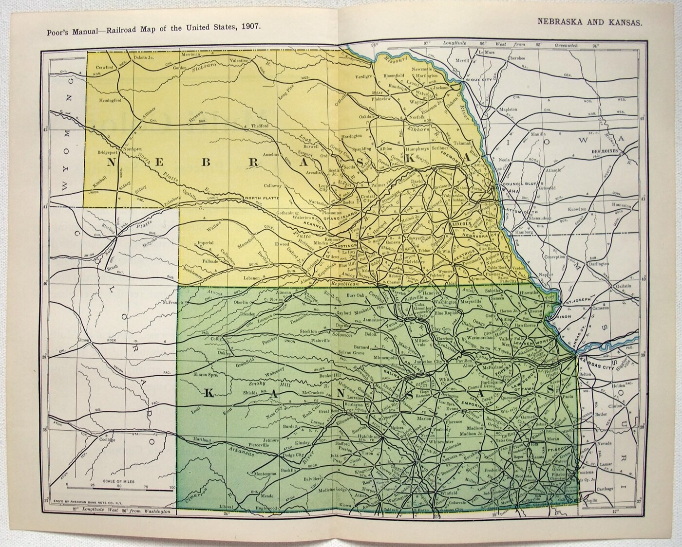 Original 1907 Railroad Map of Nebraska & Kansas. Antique