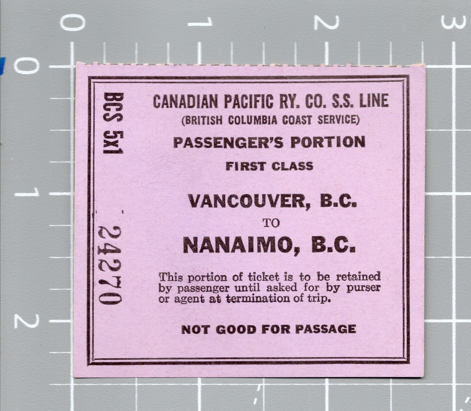 1958 Canadian Pacific Railway Passenger Ticket Vancouver to Nanaimo BC