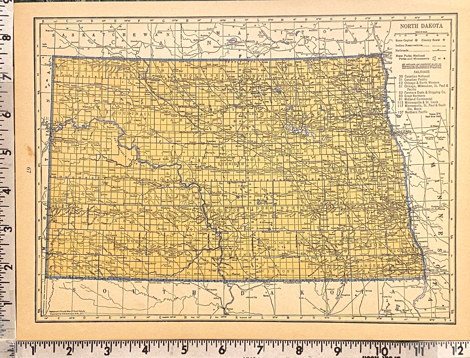 NORTH DAKOTA & OHIO c 1935 County & Railroad Maps. Hammond & Co. 9×12″ VG-F