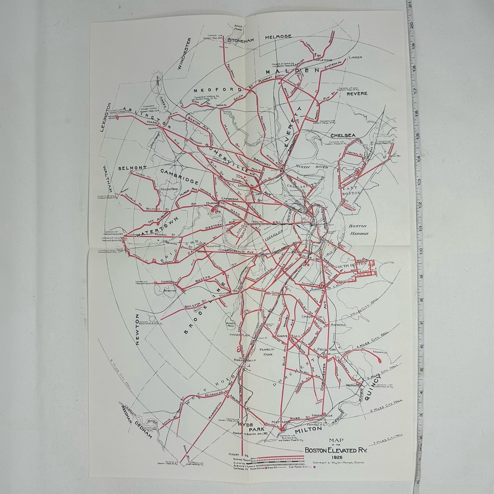 1925 Boston Elevated Railway System Map Walter I. Mather Boston Street Railway