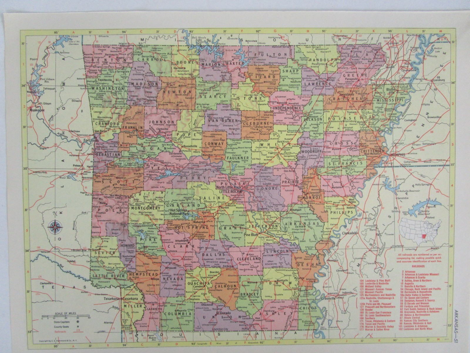 CA AR Vintage 1957 CALIFORNIA RAILROAD MAP. ARKANSAS 1950s ASHLEY DREW NRTH’N RR