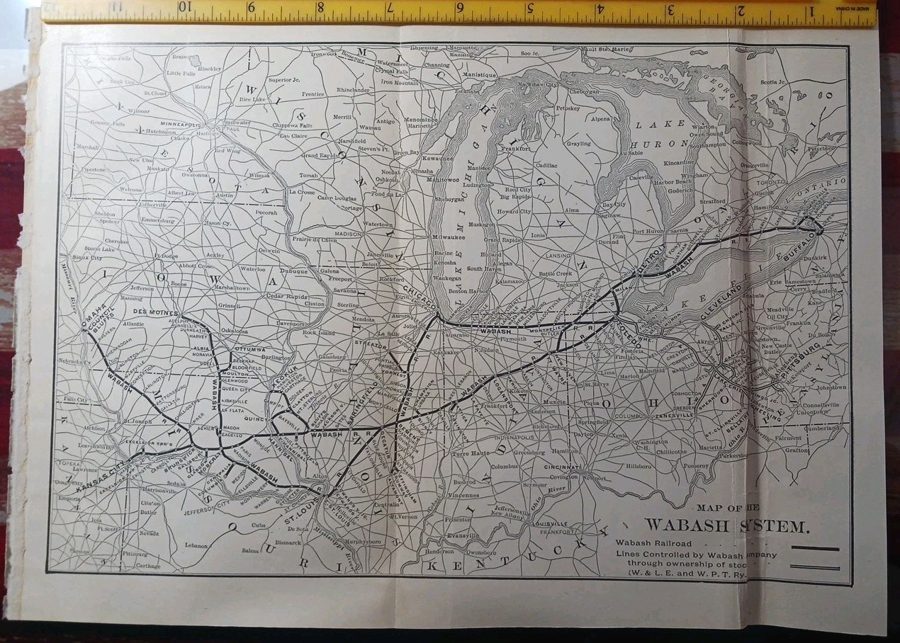 1905 Train Route Map WABASH SYSTEM all Railroad Controlled Lines stations 12″x9″