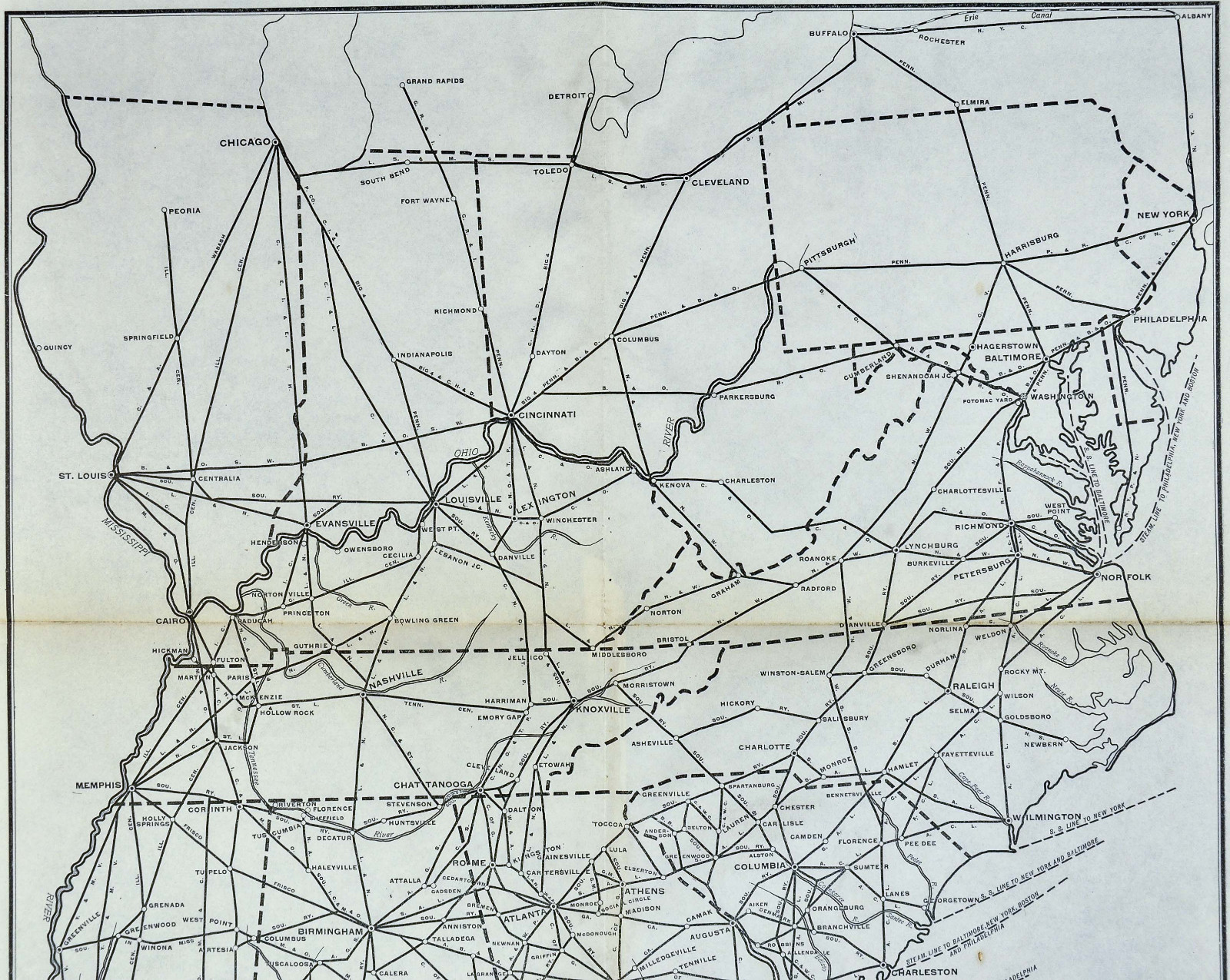 1913 Railroad Map – Freight Routes US South Georgia Alabama Carolina Virginia TN
