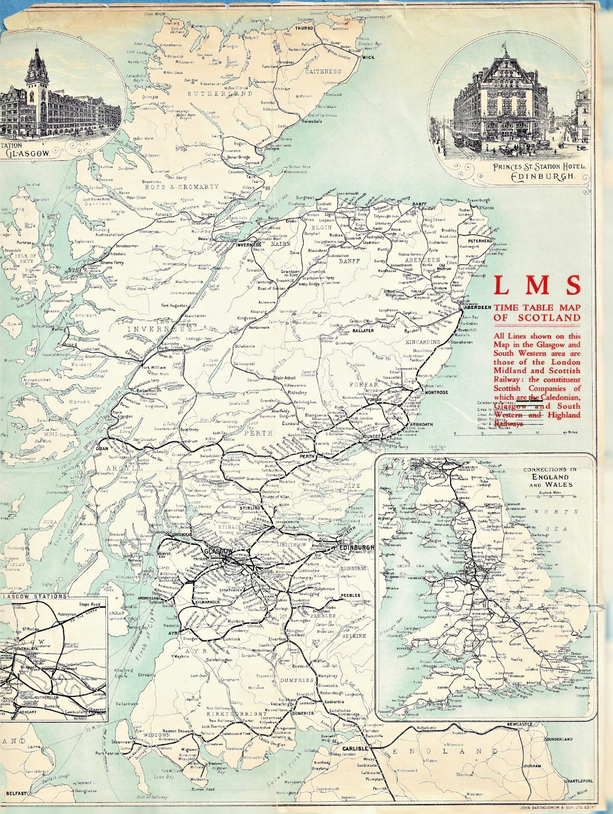 c1910 London Midland and Scottish Railway Time Table Map of Scotland ~ LMS Map