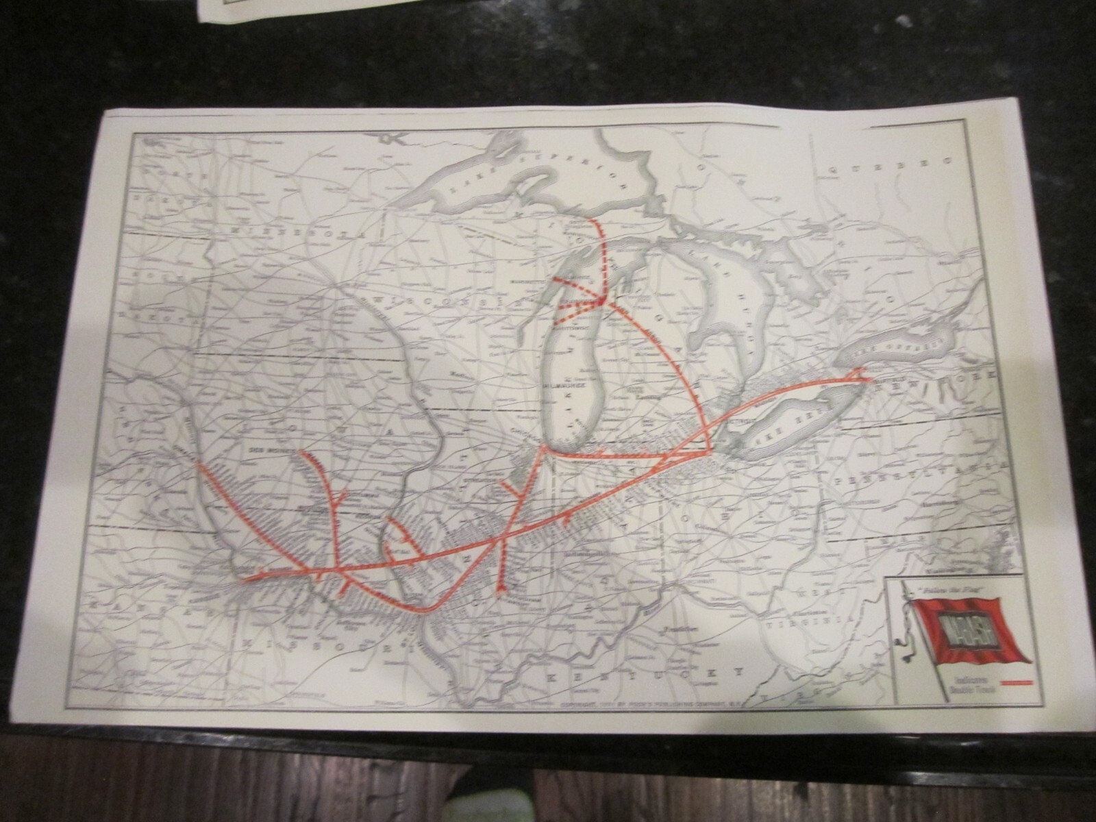 1931 MAP OF THE WABASH RAILROAD SYSTEM – 17″ X 11″ – HEAVY STOCK PAPER