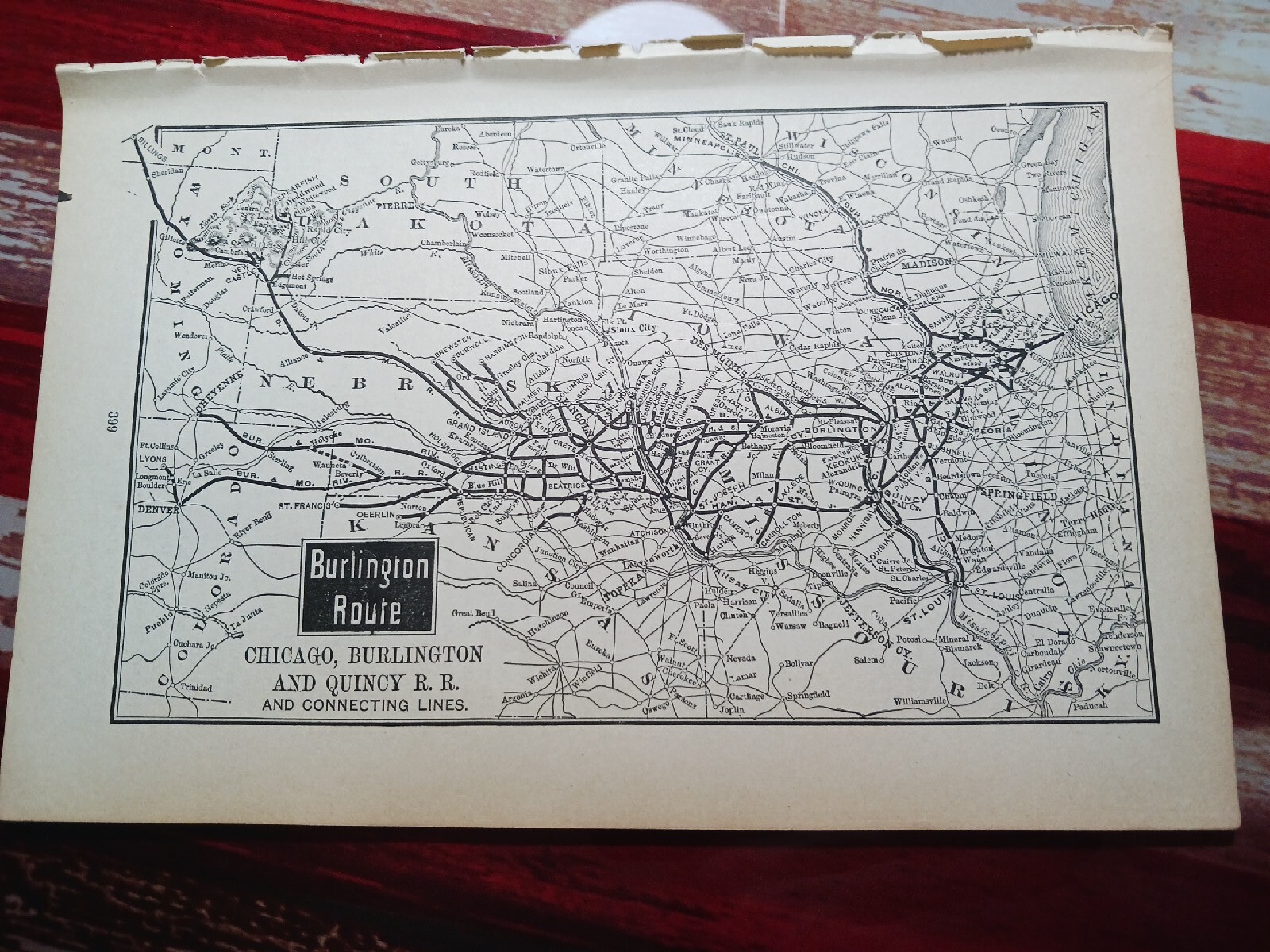 ☆1895 train map THE BURLINGTON ROUTE Chicago Burlington Quincy railroad station