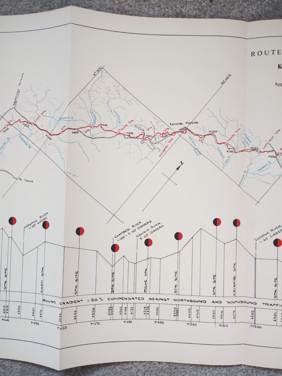 1952 Original East African Railways Map of Route: Kasama to Nteko (Zambia)