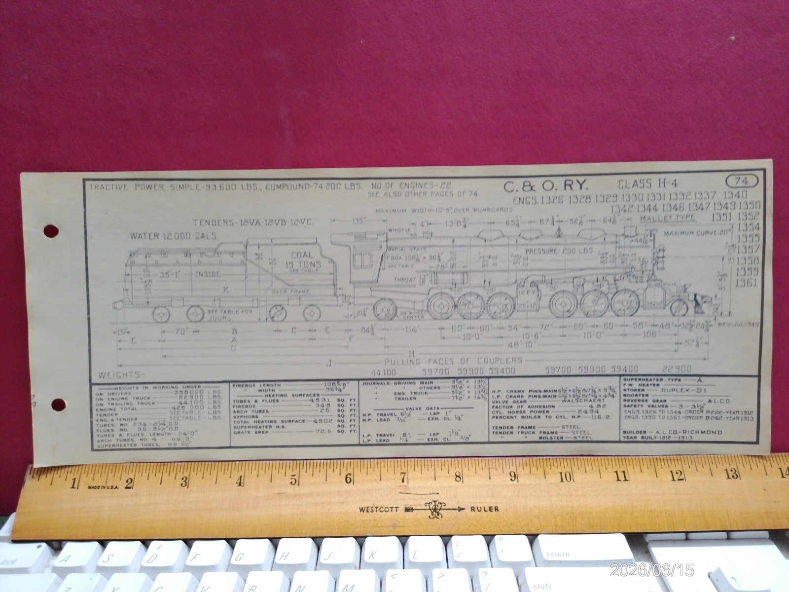 CHESAPEAKE & OHIO RAILROAD ORIG PRINTED DIAGRAM CLASS H-4 LOCOMOTIVE #1326-1361